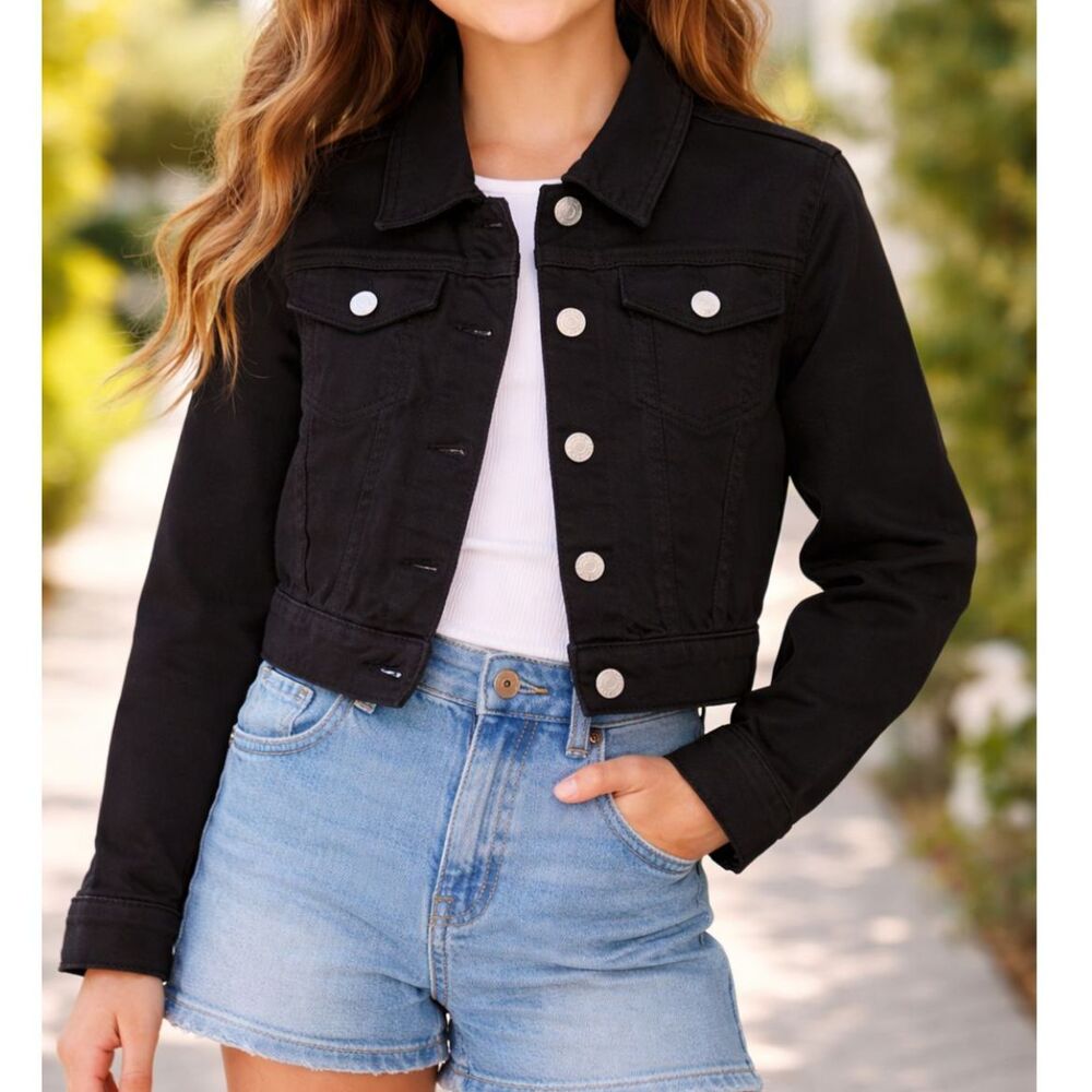 Route 66 Girls Black Cropped Trucker Denim Jacket Size L 10/12 Stretch
